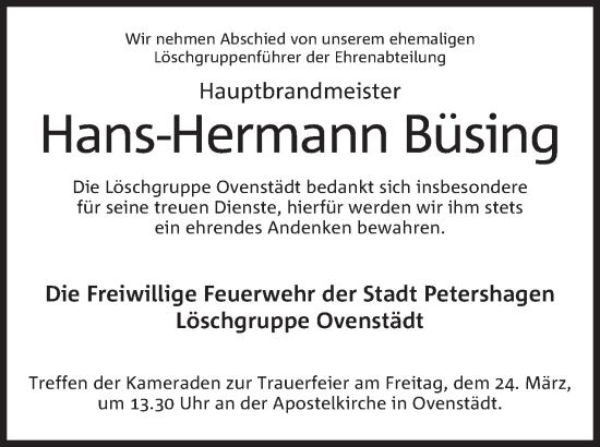 Anzeige von Hans-Hermann Büsing von Mindener Tageblatt