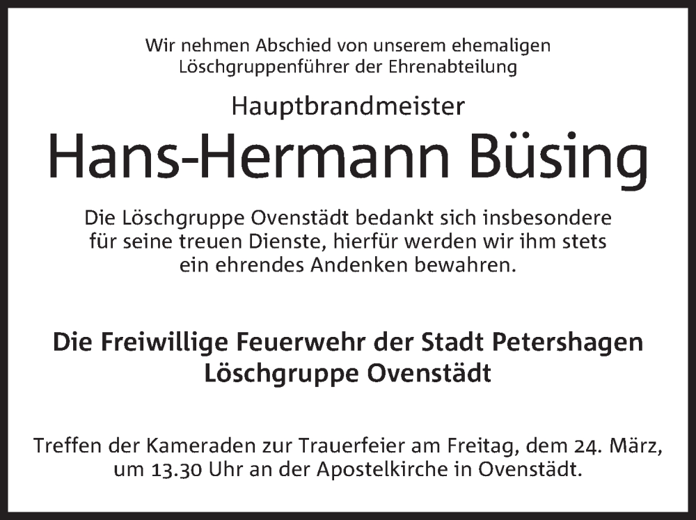  Traueranzeige für Hans-Hermann Büsing vom 21.03.2023 aus Mindener Tageblatt