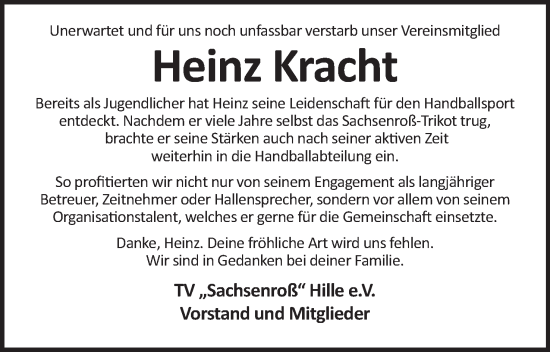 Anzeige von Heinz Kracht von Mindener Tageblatt