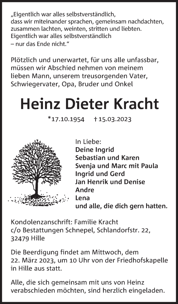  Traueranzeige für Heinz Dieter Kracht vom 18.03.2023 aus Mindener Tageblatt