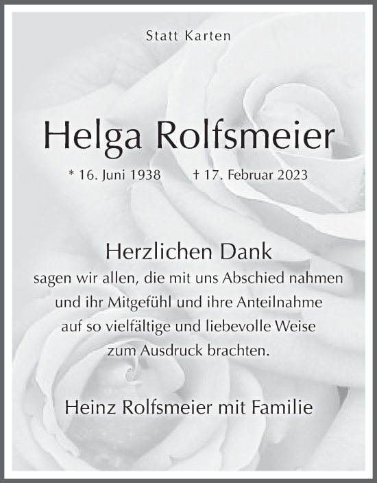 Anzeige von Helga Rolfsmeier von Mindener Tageblatt