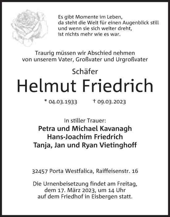 Anzeige von Helmut Friedrich von Mindener Tageblatt