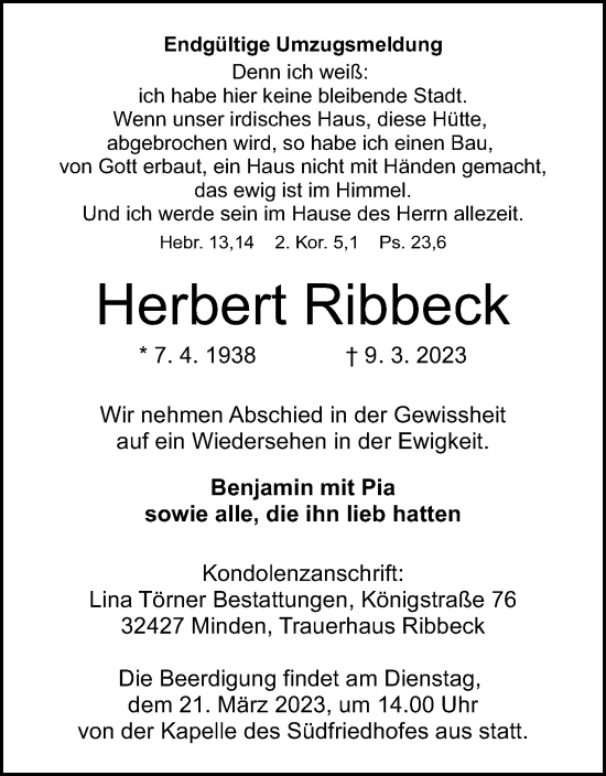 Anzeige von Herbert Ribbeck von Mindener Tageblatt