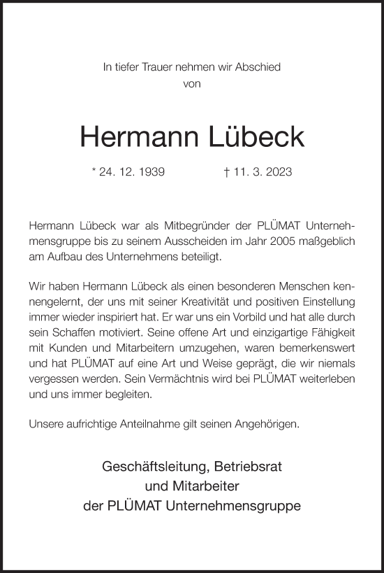 Anzeige von Hermann Lübeck von Mindener Tageblatt