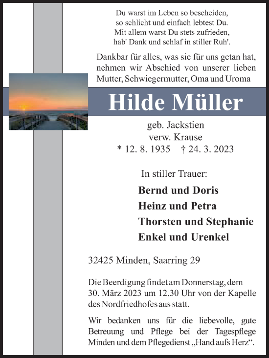 Anzeige von Hilde Müller von Mindener Tageblatt