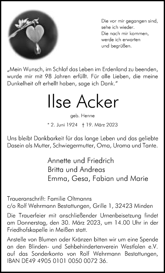 Anzeige von Ilse Acker von Mindener Tageblatt