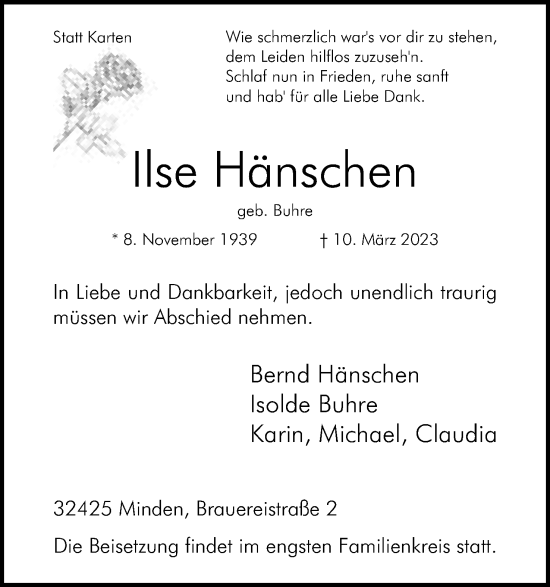 Anzeige von Ilse Hänschen von Mindener Tageblatt