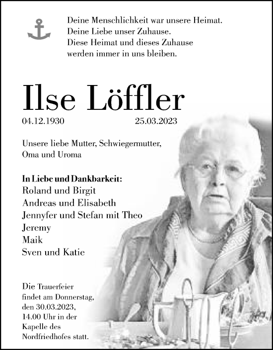 Anzeige von Ilse Löffler von Mindener Tageblatt