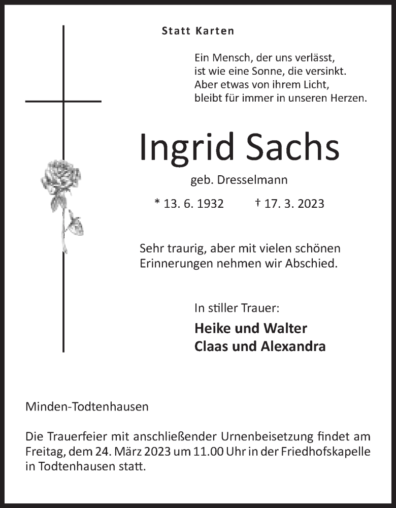  Traueranzeige für Ingrid Sachs vom 21.03.2023 aus Mindener Tageblatt