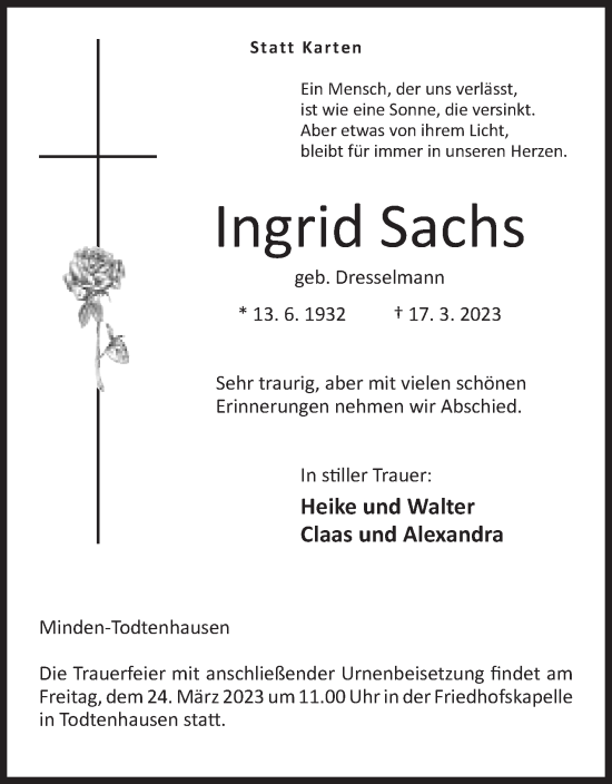 Anzeige von Ingrid Sachs von Mindener Tageblatt