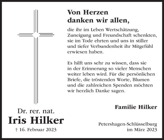 Anzeige von Iris Hilker von Mindener Tageblatt