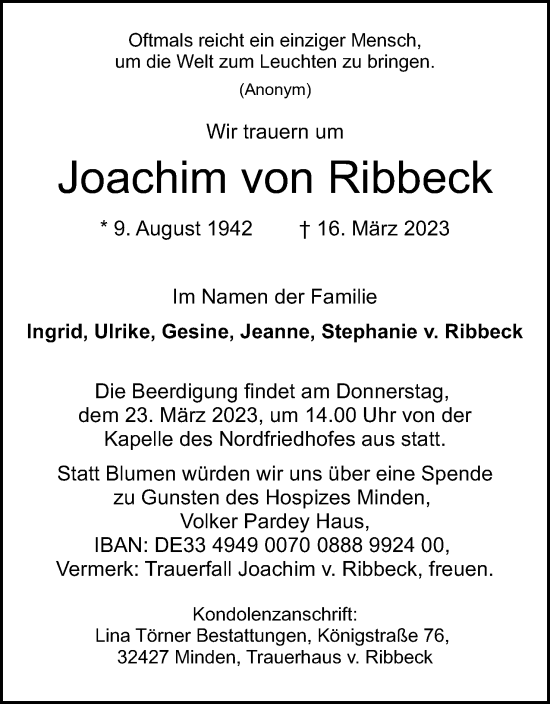 Anzeige von Joachim von Ribbeck von Mindener Tageblatt