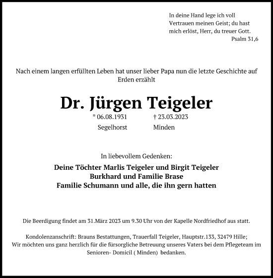 Anzeige von Jürgen Teigeler von Mindener Tageblatt