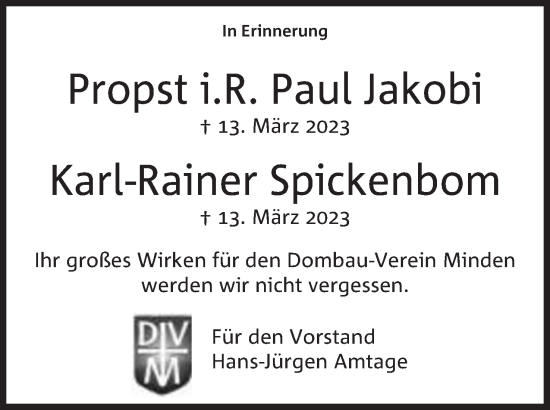 Anzeige von Karl-Rainer Spickenbom von Mindener Tageblatt