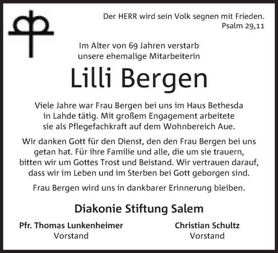 Anzeige von Lilli Bergen von Mindener Tageblatt