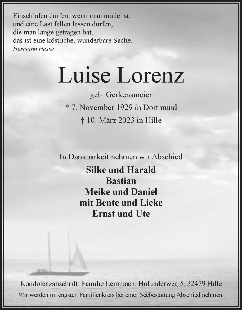  Traueranzeige für Luise Lorenz vom 18.03.2023 aus Mindener Tageblatt