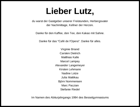 Anzeige von Lutz  von Mindener Tageblatt