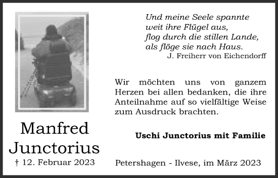 Anzeige von Manfred Junctorius von Mindener Tageblatt