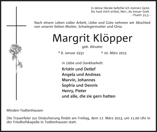 Anzeige von Margrit Klöpper von Mindener Tageblatt