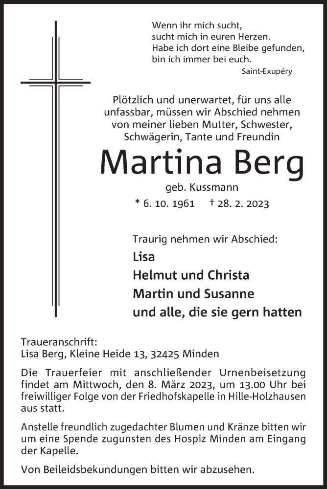  Traueranzeige für Martina Berg vom 04.03.2023 aus Mindener Tageblatt