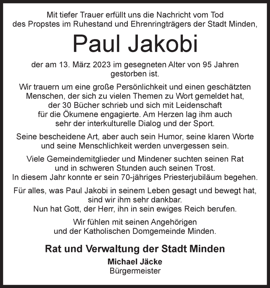  Traueranzeige für Paul Jakobi vom 16.03.2023 aus Mindener Tageblatt