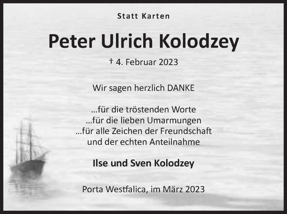  Traueranzeige für Peter Ulrich Kolodzey vom 11.03.2023 aus Mindener Tageblatt