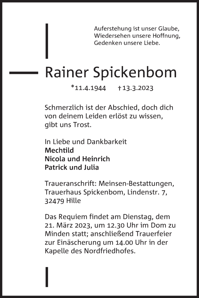  Traueranzeige für Rainer Spickenbom vom 17.03.2023 aus Mindener Tageblatt