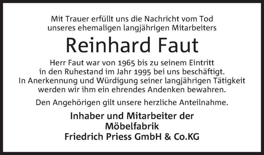  Traueranzeige für Reinhard Faut vom 01.03.2023 aus Mindener Tageblatt