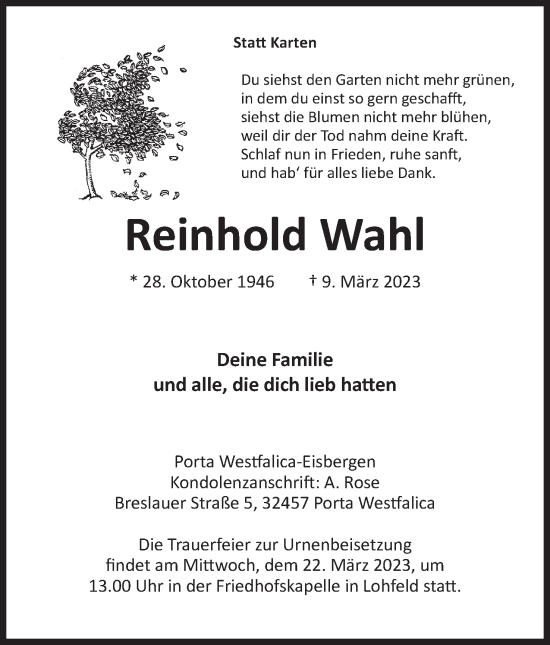 Anzeige von Reinhold Wahl von Mindener Tageblatt