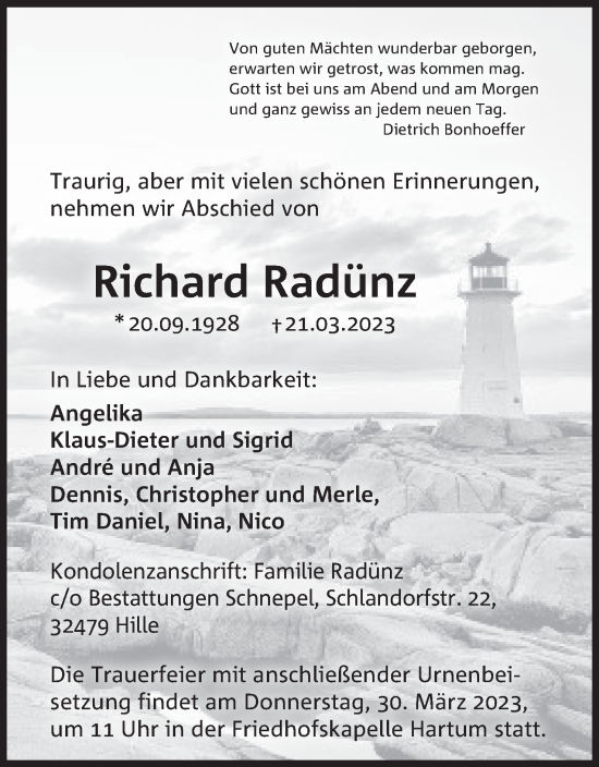 Anzeige von Richard Radünz von Mindener Tageblatt