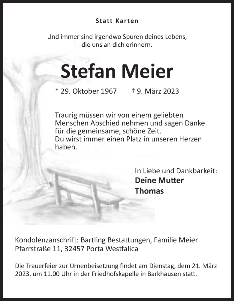 Traueranzeige für Stefan Meier vom 18.03.2023 aus Mindener Tageblatt