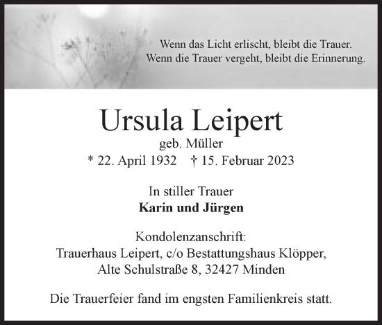 Anzeige von Ursula Leipert von Mindener Tageblatt