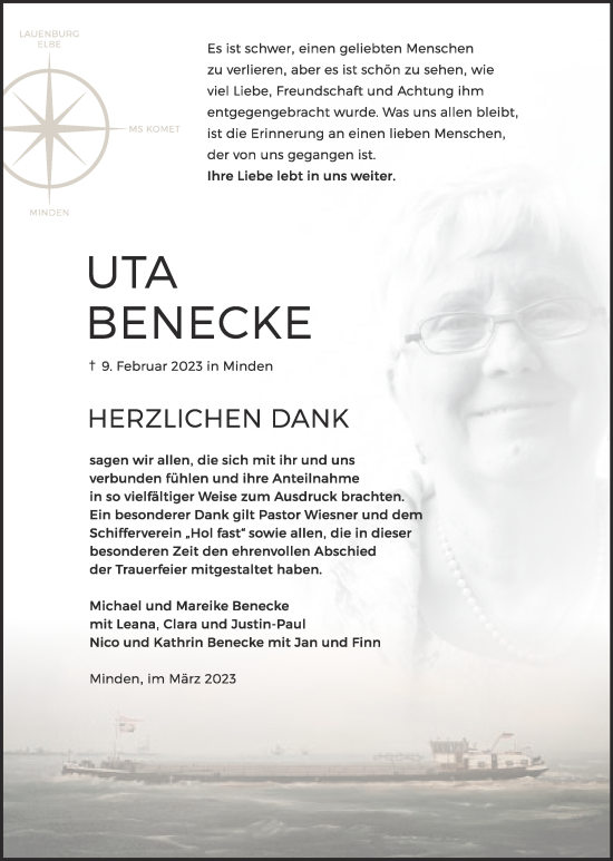 Anzeige von Uta Benecke von Mindener Tageblatt