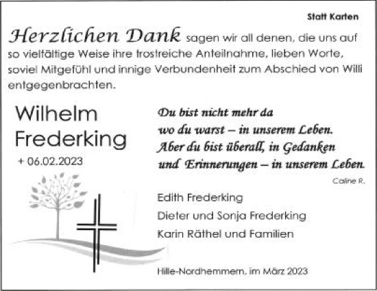 Anzeige von Wilhelm Frederking von Mindener Tageblatt