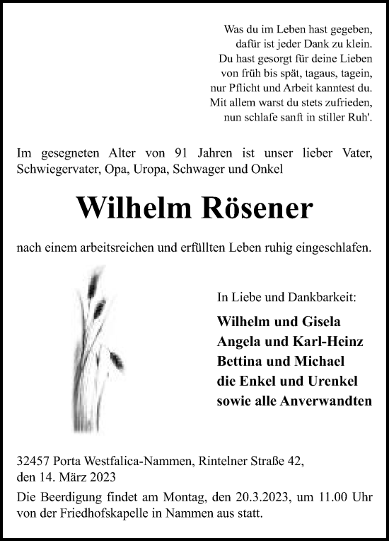 Anzeige von Wilhelm Rösener von Mindener Tageblatt