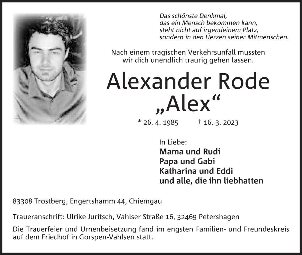  Traueranzeige für Alexander Rode vom 07.04.2023 aus Mindener Tageblatt