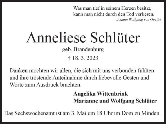 Anzeige von Anneliese Schlüter von Mindener Tageblatt