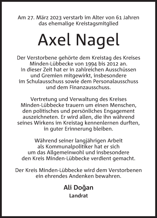 Anzeige von Axel Nagel von Mindener Tageblatt