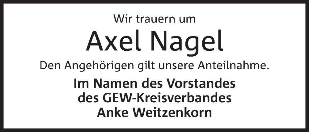  Traueranzeige für Axel Nagel vom 01.04.2023 aus Mindener Tageblatt