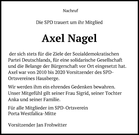 Anzeige von Axel Nagel von Mindener Tageblatt