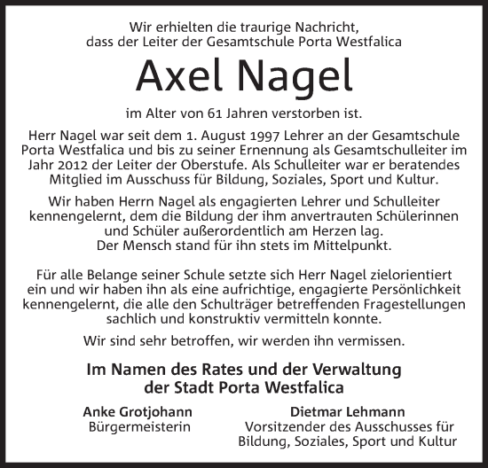 Anzeige von Axel Nagel von Mindener Tageblatt