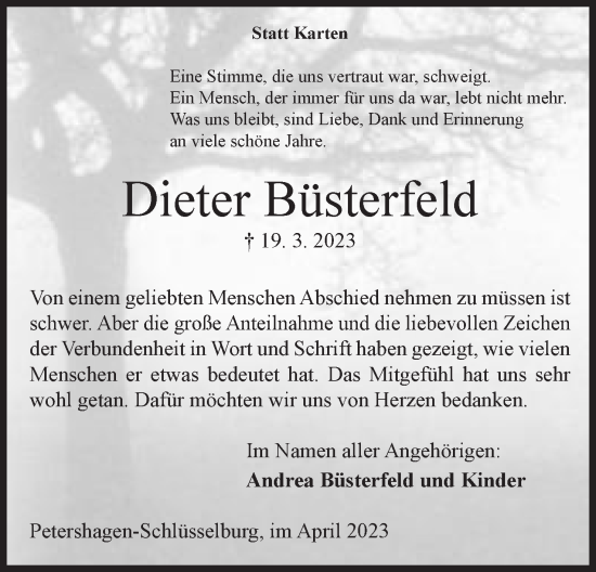 Anzeige von Dieter Büsterfeld von Mindener Tageblatt