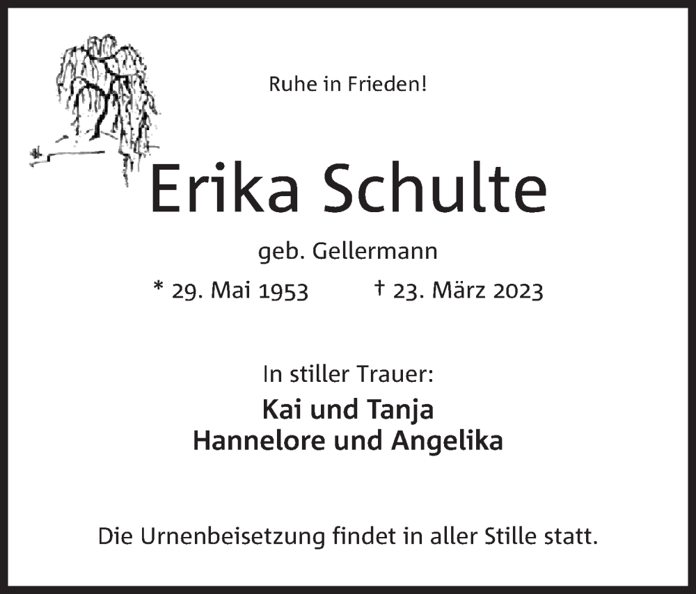  Traueranzeige für Erika Schulte vom 01.04.2023 aus Mindener Tageblatt