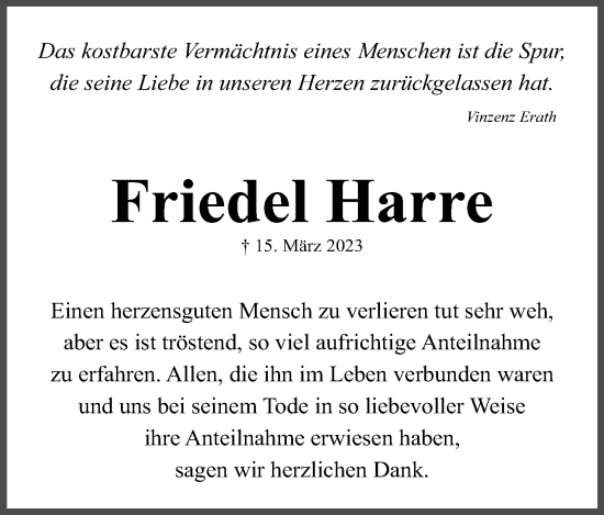 Anzeige von Friedel Harre von Mindener Tageblatt