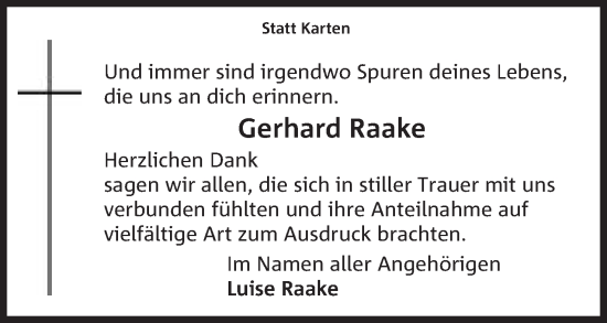 Anzeige von Gerhard Raake von Mindener Tageblatt