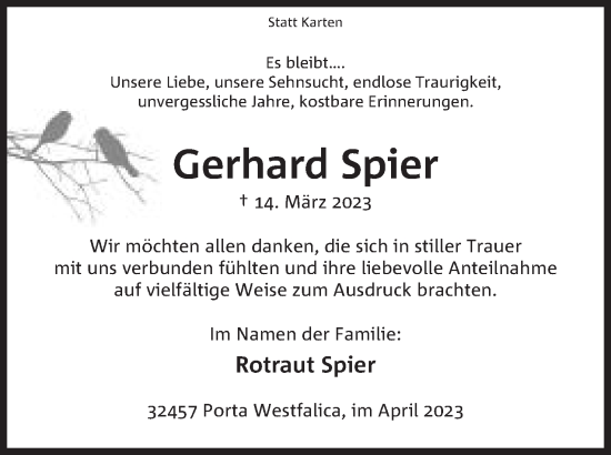 Anzeige von Gerhard Spier von Mindener Tageblatt