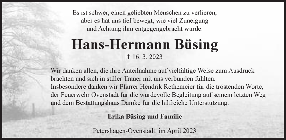  Traueranzeige für Hans-Hermann Büsing vom 22.04.2023 aus Mindener Tageblatt