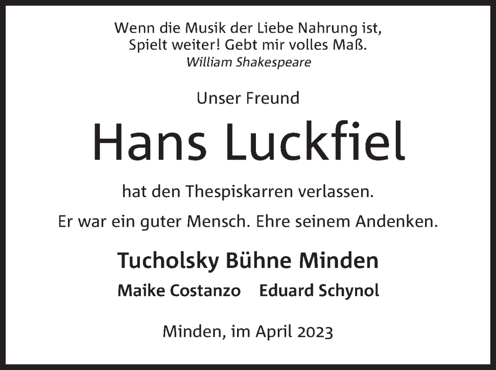  Traueranzeige für Hans Luckfiel vom 15.04.2023 aus Mindener Tageblatt