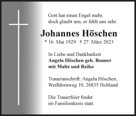 Anzeige von Johannes Höschen von Mindener Tageblatt