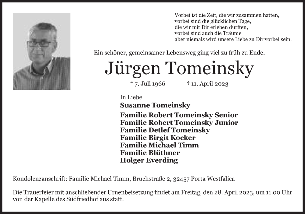  Traueranzeige für Jürgen Tomeinsky vom 15.04.2023 aus Mindener Tageblatt